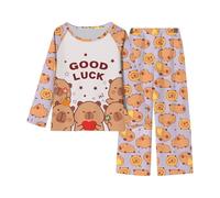 Pigiama Ragazza Cotone a Maniche Lunghe Stampa Capibara Set Due Pezzi Abbigliamento da Notte Morbido e Confortevole per Bambini Vestiti Dormire Tema Animale Carino Indumenti Casual da Relax Ragazze