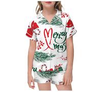 Pigiama Ragazzo 16 Anni - per Bambine E Set di Natale in Raso di Seta A Maniche Corte 2 Pezzi Classico con Bottoni Pantaloncini da Salotto (White 10-11 Years)