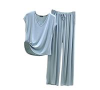 Pigiama Sanitario Donna Pigiama Donna Leggero da Set 2 Set Coordinato Top A Maniche Corte E Pantaloni con Pigiami Estivi Corto Cotone Sky Blue L
