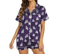 Pigiama Sanitario Donna Pigiami da Donna di Halloween da in Fibra di Poliestere con Grafica Abbottonatura A Maniche Corte Pigiama Lungo Cotone Sexydonna Purple XXL