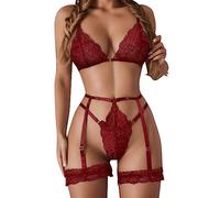 Pigiama sexy da donna, con scollo a V, in pizzo + reggiseno giarrettiera, Colore: rosso, M