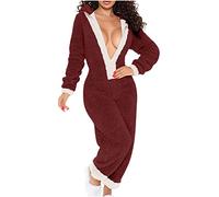 Pigiama sexy in pile da donna, caldo, tuta accogliente, invernale, tuta lunga con cappuccio e chiusura lampo, pigiama da donna, Vino, S