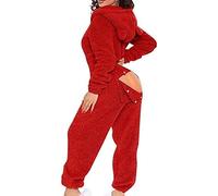 Pigiama Tutina da Donna con Cappuccio, Tuta Intera con Bottone sul Retro, Tuta da Notte Termica con Bottone sul Retro,Rosso,M