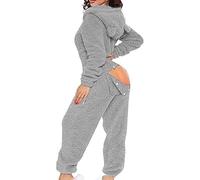 Pigiama Tutina Intero da Donna Tuta con Cappuccio, Patta Posteriore con Bottoni sul Retro Tuta da Notte Termica Tuta da Notte,Grigio,S
