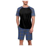 Pigiama Uomo Cotone Corto Estivo,Pigiami Due Pezzi A Quadri Set da Notte Leggero A Maniche Corte con Collo Rotondo E Pantaloncini Scozzese Pajamas Abbigliamento Pigiama da Notte Completino per Casa