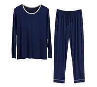 Pigiama Uomo Cotone Leggero,Pigiami Invernali Uomo Due Pezzi Pigiama Girocollo A Maniche Lunghe E Pantaloni Lunghi Due Pezzi E Coulisse Morbido Caldo Set da Notte Casa Biancheria da Notte Loungewear