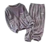 Pigiama Uomo Donna Invernale S-5XL in Velluto Corallo Spessore 2 Pezzi con Pullover Pile e Pantaloni Caldo Pigiami Abbinati Coppia Simpatici Casual Matching Pajamas Elegante per Case Esterno,Grigio