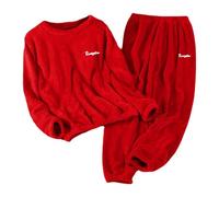 Pigiama Uomo Donna Invernale S-5XL in Velluto Corallo Spessore 2 Pezzi con Pullover Pile e Pantaloni Caldo Pigiami Abbinati Coppia Simpatici Casual Matching Pajamas Elegante per Case Esterno,Rosso