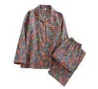 Pigiami da Donna, 2023 Spring And Summer Women Pigiama Suit Pantaloni a Maniche Lunghe Due Pezzi 100% Cotone Crepe Flower Leaves Home Clothes (Color : A, Size : XL)