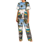 Pigiami da donna con stampa di barche e palme da spiaggia, taglie S-3XL | Pigiama Per Le Donne Girocollo Manica Corta Top E Pantaloni Lunghi Set Delle Signore Casual Pjs Loungewear Sleep Set Per Le