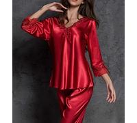 Pigiami Due Pezzi da Donna Scollo A V Rosso Pigiama in Raso di Seta da Donna Morbido Cardigan A Maniche Lunghe Set da Notte Pigiama Casual Pigiama Festa della Mamma Regalo per Moglie Fidanzata Mamma