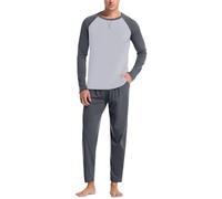Pigiami Uomo Cotone Lungo Pigiama Uomo Maniche Lunghe e Pantaloni Lunghi Pigiami Due Pezzi da Uomo Completino per Casa Leggero e Morbido Pigiama Patchwork Alla Moda in Tinta Unita