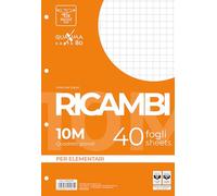 Pigna 006290310, Ricambio non rinforzato, Rigatura 10, quadretti 1 cm per 1° elementare, Carta 80g/mq, Pacco da 40 Fogli