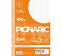 Pigna 022223710, Ricambio con Banda Rinforzata, Rigatura 10, quadretti 1 cm per 1° elementare, Carta 100g/mq, Pacco da 40 Fogli