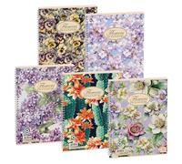 Pigna, Confezione 5 Maxi Quaderni Spiralati Nature Flowers,carta riciclata 80gr, A4 , con 4 fori e microperforazione, interno 1R, righe