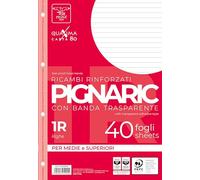 Pigna 02194591R, Ricambio con Banda Rinforzata, Rigatura 1R, righe per medie e superiori, Carta 80g/mq, formato A4 (21 x 29.7 cm.), Pacco da 40 Fogli