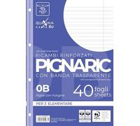 Pigna 02194590B, Ricambio con Banda Rinforzata, Rigatura 0B, righe per 3° elementare, Carta 80g/mq, Pacco da 40 Fogli