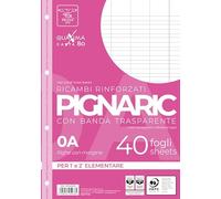 Pigna 02194590A, Ricambio con Banda Rinforzata, Rigatura 0A, righe per 1° e 2° elementare, Carta 80g/mq, Pacco da 40 Fogli