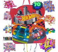 Pignata Hot Wheels + Confezione da 70 Chuches Senza glutine e Giocattoli Pignata - Ananas Compleanno - Hot Wheels - Ananas - Imbottitura per Bambini Hotwheels - Chuches Fiesta PARTY4EVER