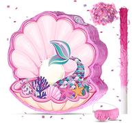 Pignatta a forma di sirena, con conchiglia, per feste di compleanno, per ragazze, a tema mare, con bacchetta, benda e coriandoli, per decorazioni di compleanno a forma di sirena