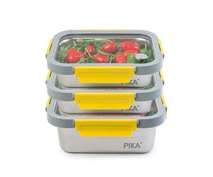 PIKA - Set di 3 contenitori per alimenti in acciaio inox e coperchio in vetro temperato - Ermetico e leggero - Compatibile con microonde, forno, congelatore - MetalShock