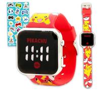 Pikachu Orologio per bambini - Bundle con orologio digitale Pokemon LCD per bambini con cinturini con Pikachu e Pokeballs Plus adesivi | Orologio da polso Pokemon facile da leggere per ragazzi