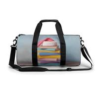 Pila di libri con cappello di Babbo Natale, borsa da palestra da viaggio per donne e uomini, borsa da viaggio cilindrica per allenamento sportivo con tracolla