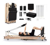 Pilates reformer per la casa, macchina per pilates pieghevole in legno e attrezzatura per esercizi regolabile con doppia molla di resistenza, reformer box, jump board
