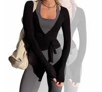 Pilates Wrap Tie Shirt Tops for Women Long Sleeve Ballet Ties Top Dance Ballerina Cover Up Top Yoga Workout Blouse (1pcs-A,L)