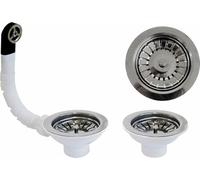 Piletta pilettone di scarico tipo basket per lavello lavabo 2 vasche con troppo pieno, con attacco da 1"1/2 e Foro da Ø 90mm, Pilettone Ø 114mm, piletta standard in acciaio con vite e cestello