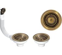 Piletta pilettone di scarico tipo basket per lavello lavabo 2 vasche con troppo pieno, con attacco da 1"1/2 e Foro da Ø 90mm, Pilettone Ø 114mm, piletta standard in Vecchio Ottone con vite e cestello