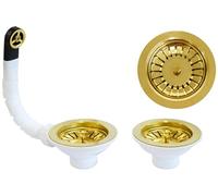 Piletta pilettone di scarico tipo basket per lavello lavabo 2 vasche con troppo pieno, con attacco da 1"1/2 e Foro da Ø 90mm, Pilettone Ø 114mm, piletta standard in acciaio PVD Oro con vite e cestello