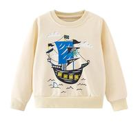 Pilipulu Felpa Bambino Senza Cappuccio Pullover Bimbo in Cotone Maglione Bambino Collo Crew con Dinosauro per Bambini e Ragazzi, Nave Pirata/Beige, 2 Anni