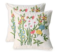 Pilmandu Set of 2 Embroidered Decorative Throw Pillow Covers Couch Square Pillowcases Cushion for Bedroom Sofa Farmhouse Decor 18x18 Inch (Daisy)