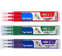 Pilot Frixion cancellabile penne refill, 9 refill Bundle, verde, rosso, viola/viola inchiostro gel fine PT 07 Green/Red/Violet