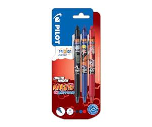 Pilot Naruto Shipudden - 3 penne a sfera a scatto FriXion, nero, blu, rosso, cancellabili, edizione limitata, penne a sfera retrattili, punta media