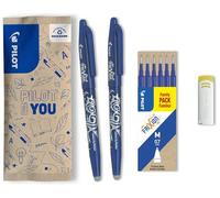 Pilot, 2 Penne Frixion Ball, 1 set da 6 Ricariche e 1 cancellino Frixion Remover, Penna cancellabile Frixion Ball fatta con plastica riciclata, Colore blu, Punta Media