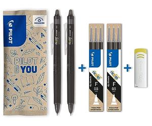 PILOT - Set di 2 FriXion Point Clicker 05 + 2 set di 3 Ricariche + 1 gomma - Penna Cancellabile con Inchiostro Termosensibile - Penna roller a scatto e Ricaricabile - Nero - Punta Fine e precisa