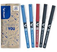 PILOT - Set di 5 V5 - Penna roller con Inchiostro liquido a punta Fine per una scrittura fluida e precisa - Asciugatura rapida, non sanguina - 2 Nero, 2 Blu, Rosso - Punta Fine (0,5mm)