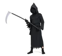 PILUZEAT Costume Mietitore Bambini Ragazzi Ragazze per Halloween Nero Horror Morte Tristo Fantasma Con cappuccio Carnevale Cosplay Mascherata Festa di Compleanno 5-12 anni 100-140 CM