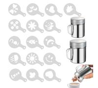 PIMXL 2 Shaker in Acciaio Inox per Cacao con 16 Stencil per Cappuccino, Dosatore Cacao in Polvere per Torte Decorazioni Latte Cioccolata Calda Biscotti
