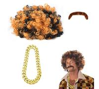 PIMXL Parrucca Uomo, Afro Funky Anni '70, Parrucca Riccia, Afro Parrucca con Barba e Collana, Costume da Parrucca Uomo, 3 PCS Costume Hippie da Uomo per Carnevale Cosplay (Nero)