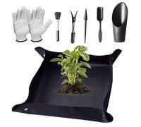 PIMXL Tappetino per Rinvaso - Perfetto Set per Giardinaggio con 5 Pezzi Attrezzi e Guanti, Tappetino da Giardinaggio Pieghevole per Piantare, 100 x 100 CM(Nero)