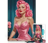Pin-up dai capelli rosa e vestito rosa - Puzzle da 1000 pezzi per adolescenti - Migliora la memoria, rilassa la mente, bordi netti, regalo creativo (38x26cm)
