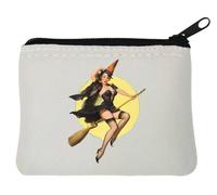 Pin-Up Witch Girl Flying On Broom Neoprene portamonete 10x11cm Bianco, bianco, Taglia unica