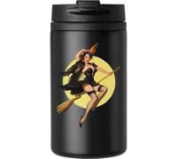 Pin-Up Witch Girl Flying On Broom Tazza da viaggio per bevande calde e fredde Tazza termica a doppia parete con coperchio a tenuta stagna nera