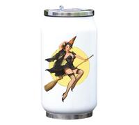 Pin-Up Witch Girl Flying On Broom Vacuum isolata termica bevanda bottiglia bianca taglia unica