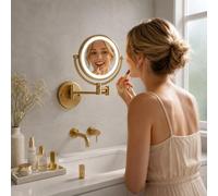PINCHU Espejo Maquillaje con Luz, Espejo Aumento 1x/7x Doble Cara 360 Giratorio, Espejo de Afeitar Regulable de 3 Colores, Pantalla Táctil, Pared para Tocador, Baño y Afeitado (Oro spazzolato, 10, x)
