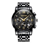 PINDOWS Orologi da uomo, di lusso, al quarzo, analogico, con data, grande quadrante, impermeabile, alla moda, da lavoro, in acciaio inox, bicolore, Tutto nero, Classico