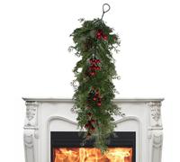 Pine Christmas Fireplace Garland Red Berries Green Foliage Decorative Stems | Fireplace Pine Mantel Decor for Christmas Tree Mantle Wall Indoor Outdoor Home Window Stairs Living Room